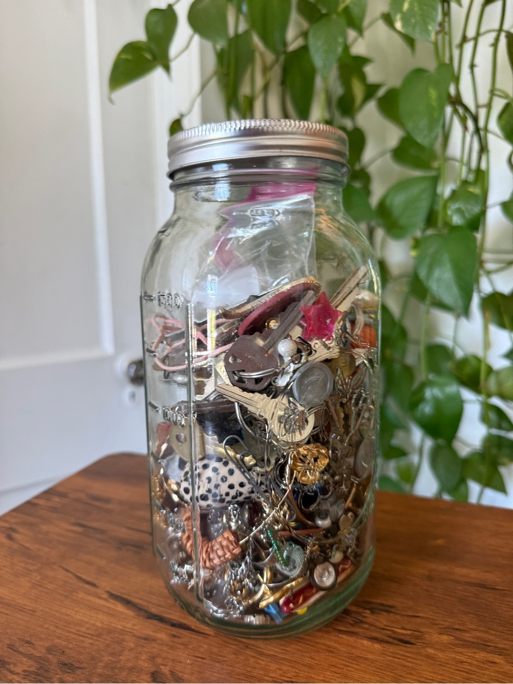 x-large mason jar of trinkets - metal toys, jewelry